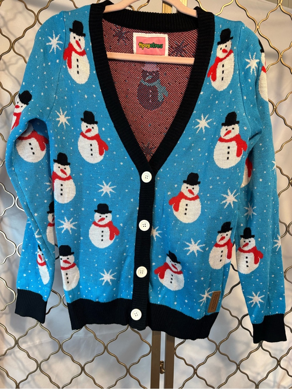 Tipsy Elves Bright Blue Snowman Cardigan with Black Trim size Small